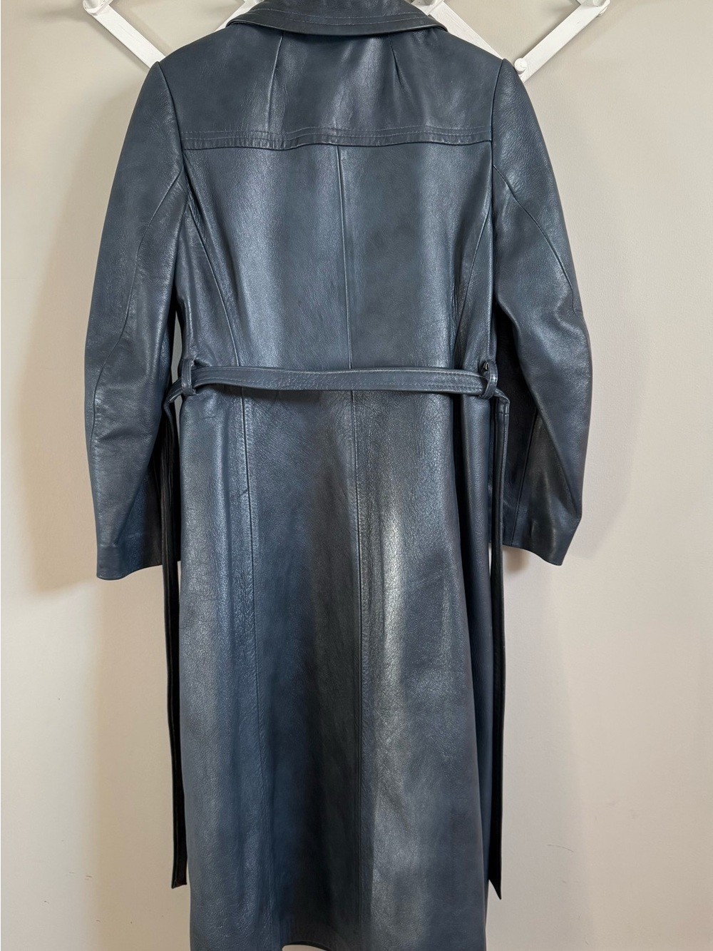 Vintage Genuine Leather Long Cool Dark Blue Belted Trench Coat Jacket - Picture 3 of 11